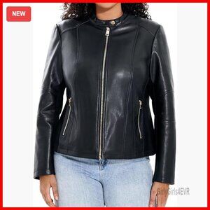 Plus Size Faux Leather Motorcycle Jacket with Stretch Sleeves Zip Up